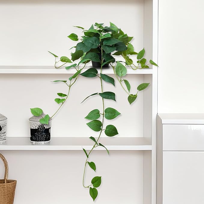 Fake Pothos Hanging Plants, 33" Potted Artificial Hanging Plant, Faux Pothos Silk Vines Hanging Plant Greenery for Home Living Room Indoor Decor