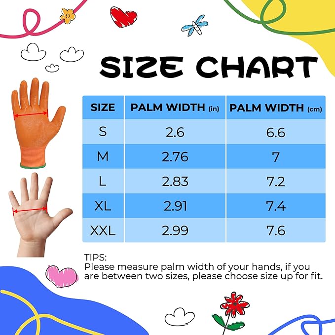 HANDLANDY 2 Pairs Kids Gardening Gloves, Toddler Children Garden Yard Work Outdoor Playing Gloves, Rubber Coating, for Girls Boys Youth (Size M, Orange)