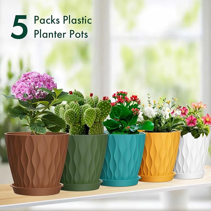 Meowell 4 inch Small Plastic Nursery Pots, Seedling Pots, 5 Set Water Ripples Plant Pots for Indoor Plants, Flower Pots with Drainage Holes and Saucers, Seed Starter Pots for Succulent, Colorful