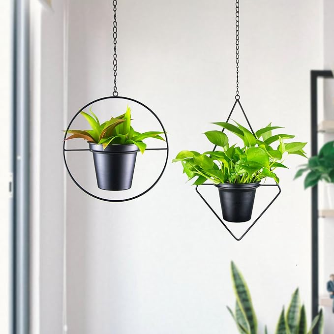 Modern Metal Hanging Planters Set of 2 - Round and Diamond Geometric Plant Hangers with 5 Inch Pots - Black Wall and Ceiling Mount Flower Holders for Indoor Houseplants, Boho Home Décor