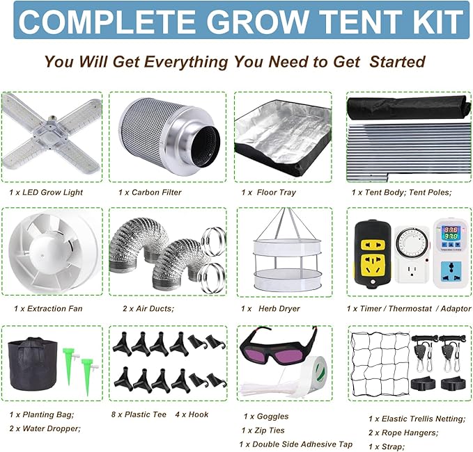 24"x24"x55" Grow Tent Kit,Complete 2x2 FT High Reflective Mylar Indoor Grow Tent with Carbon Filter, Portable Full Spectrum LED Grow Light Combo Hydroponics Indoor Plant Growing Tent Room (20965#)