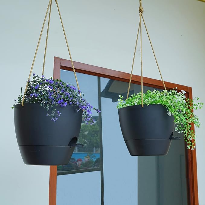 SwinDuck 8 inch Hanging Planters, 2 Pack Self Watering Hanging Pots with 20oZ Deep Reservoir for Indoor Outdoor Plants Flowers, Black