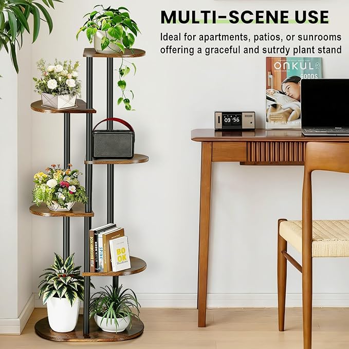 Tiered Plant Stand Indoor, Tall 6 Tier 7 Potted Wooden Plant Shelf for Multiple Flower Plants, Multi Corner Metal Plant Holder Indoor for Patio Garden Patent Design Living Room Balcony Bedroom, Rustic Brown