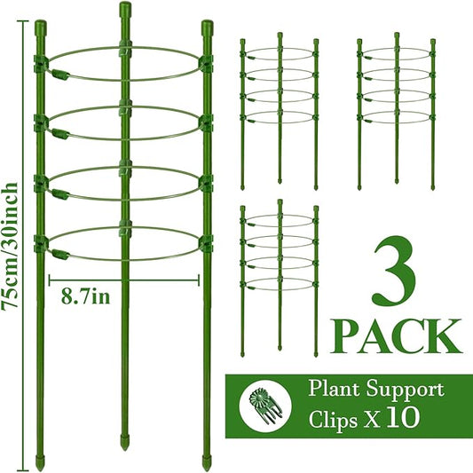 Legigo 3 Pack 30 Inch Plant Support Cages Tomato Cage for Garden- Plant Cages Adjustable Rings, Tomato Plant Support Stakes Trellis for Pots, Peppers, Cucumbers and Flowers with 10 Plant Clips