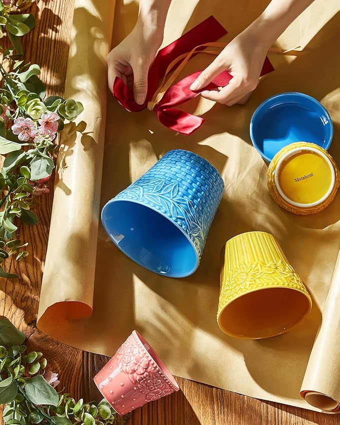 Metahom Ceramic Plant Pots, 3.8+4.9+5.8 Inch, Set of 3 Flower Pots with Drainage Hole & Saucer, Embossed Planter Pots for House Plants, Home Decor, Set of 4, Assorted Colors