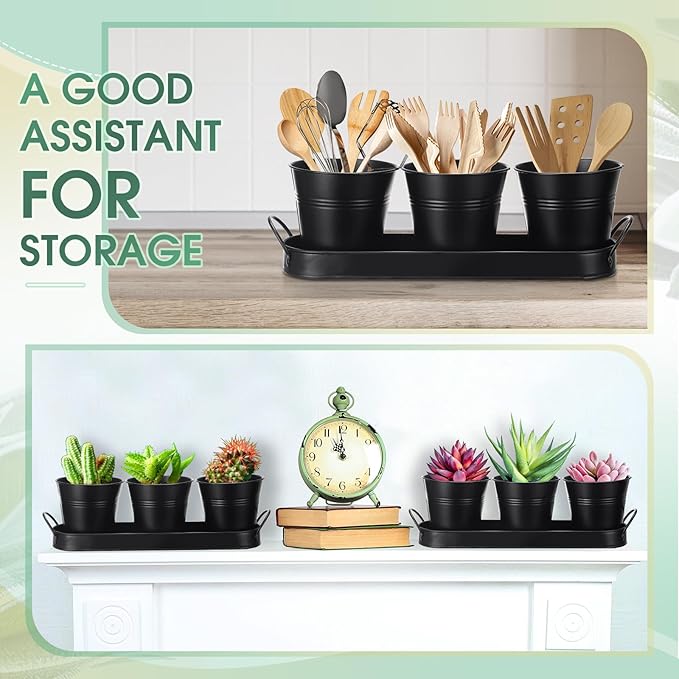 Hicarer 2 Sets Herb Planter with Tray Metal Herb Garden Planter with Drainage Farmhouse Windowsill Pots for Indoor Plants Flower Succulent Outdoor Kitchen Apartment Balcony Window (Black)