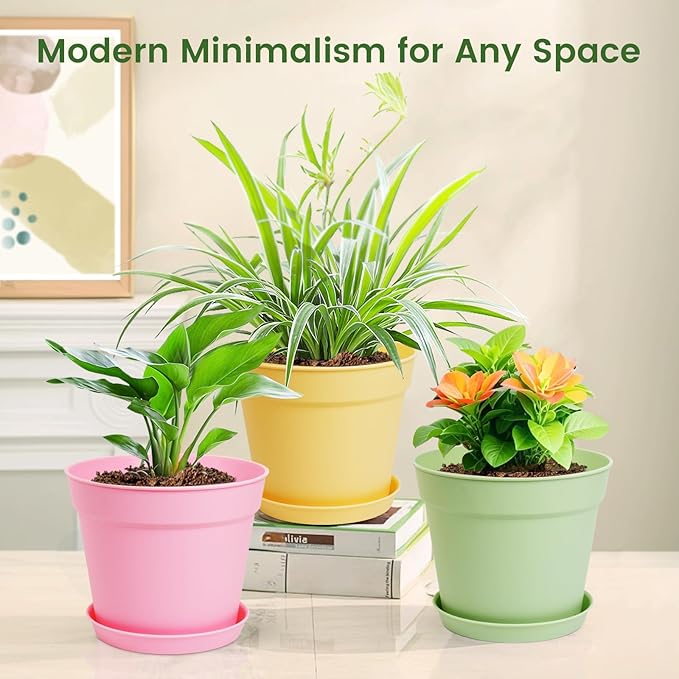 SwinDuck 20 Pack 6 Inch Plant Pots with Drainage and Saucers, White Plastic Flower Pots for Indoor and Outdoor Plants, Stackable Nursery Planters for Houseplants and Herbs, Colorful