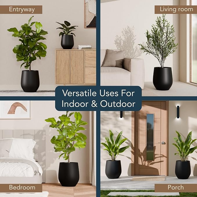 KUTE NEST 12.5" H x 11.4" D Premium Corso Fiberstone Round Tapered Planter with Drainage Hole, Weather Resistant for Indoor and Outdoor Use, Included 2 Extra Coco Mats (Black, 9" Pot Opening)
