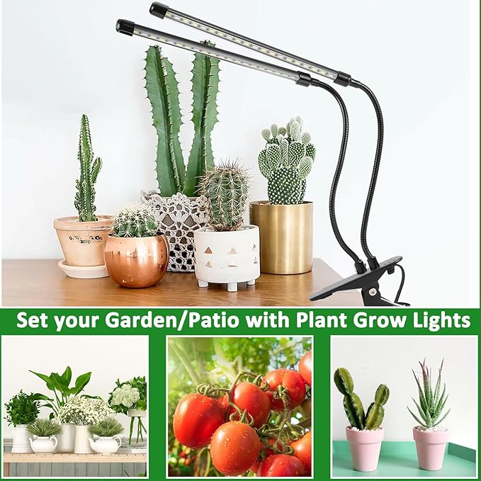 Sunny Power Grow Lights for Indoor Plants Full Spectrum, 6000K LED Plant Lights for Indoor Growing, Clip on Grow Lights for Seed Starting, Adjustable Auto Timer 3 Lighting Modes for Succulents, 2 Head