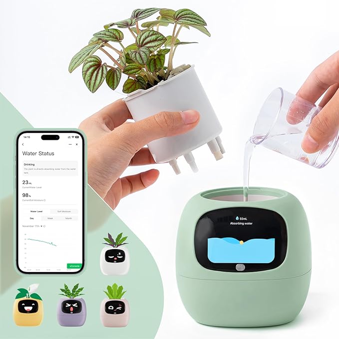 Smart Planter with App Control, Self-Watering AI Plant Pot with LCD Display, Interactive Desk Plant Companion for 100+ Plants, Smart Indoor Planter with Pomodoro Timer,80ml Reservoir,Calendar-Green