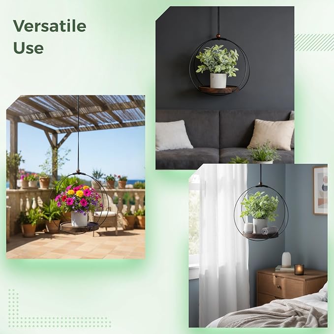 3 Pcs Hanging Plant Shelf, Round Wood Base with Black Metal Frame, Plant Holder with Adjustable Rope for Living Room, Balcony, Bedroom, Indoor Plant Display