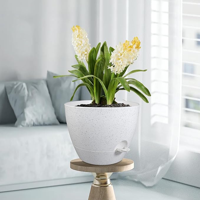 Meowell 12 inch Large Self Watering Pots for Indoor Outdoor Plants, Plant Pots with Mesh Drainage Holes for Garden House Plants, Plastic Planters with Reservoir for Flower, Speckled White