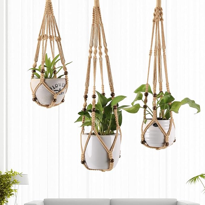 3-Pack Macrame Plant Hanger Indoor - Hanging Planter Basket for Indoor Outdoor - Decorative Boho Plant Holders Set with Beads - Ceiling Flower Pot Holder with 6 Hooks - 35"/30"/24" Linen