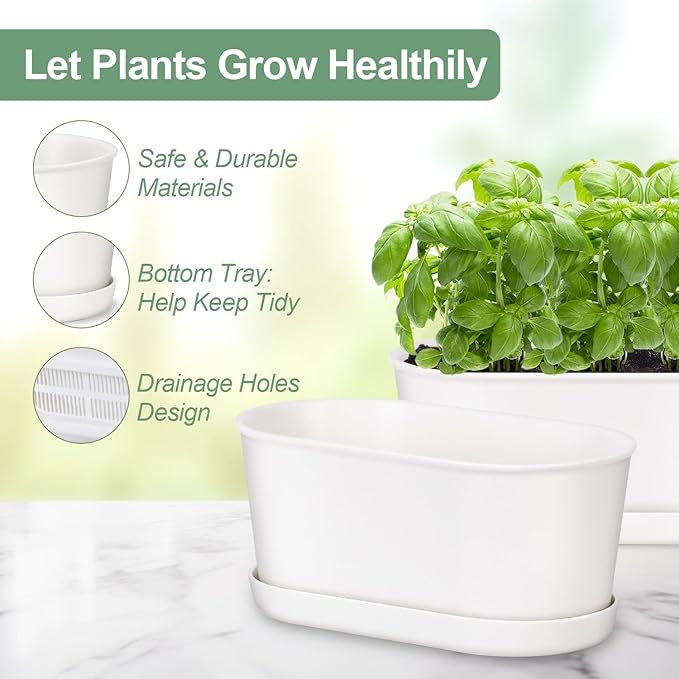 Oliz Set of 8 White Oval Window Sill Planters with Drainage Holes and Trays(7 Inch) for Herbs Basil Orchids Succulents, Modern Herb Garden Planter for Indoor/Outdoor Plants