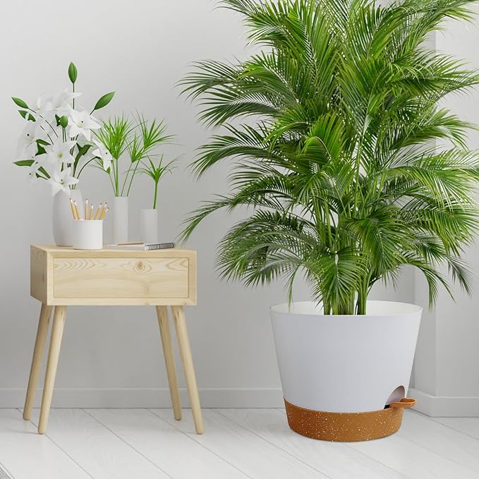 Meowell 12 inch Large Self Watering Pots for Indoor Outdoor Plants, Flower Plant Pots with Drainage Holes for Garden House Plants, Plastic Planters with Reservoir for Home, White with Brown