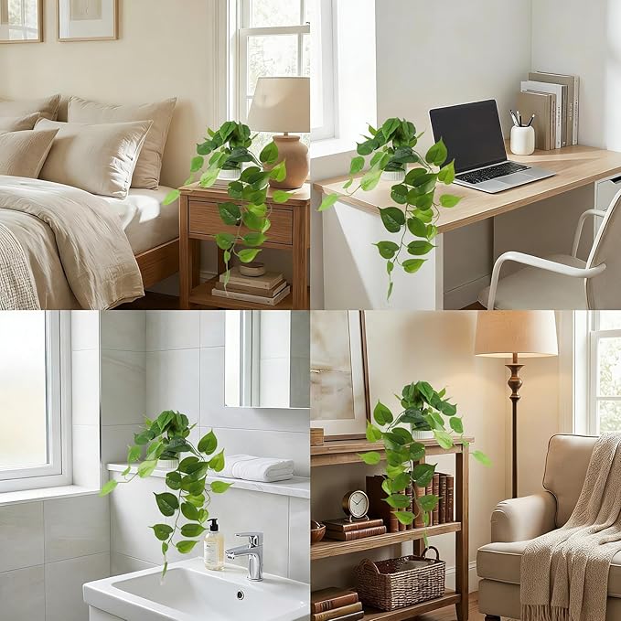 Fake Pothos Hanging Plant – Artificial Plastic Ivy Vines with White Pot, Realistic Faux Greenery for Indoor Home Office Bathroom Shelf Cabinet Decoration