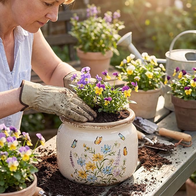 7.7″ Large Vintage Ceramic Plant Pot with Butterfly Pattern Warm Yellow Rustic Planter with Ice Crackle Glaze & Drainage Hole for Indoor Outdoor Plants Home Kitchen Office Decor Gift