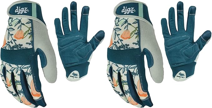 DIGZ Stretch Knit Garden Gloves with Nitrile Coating | Latex-Free Rubber Gardening Gloves | Color: Coral Floral | Size: Large (Pack of 2)