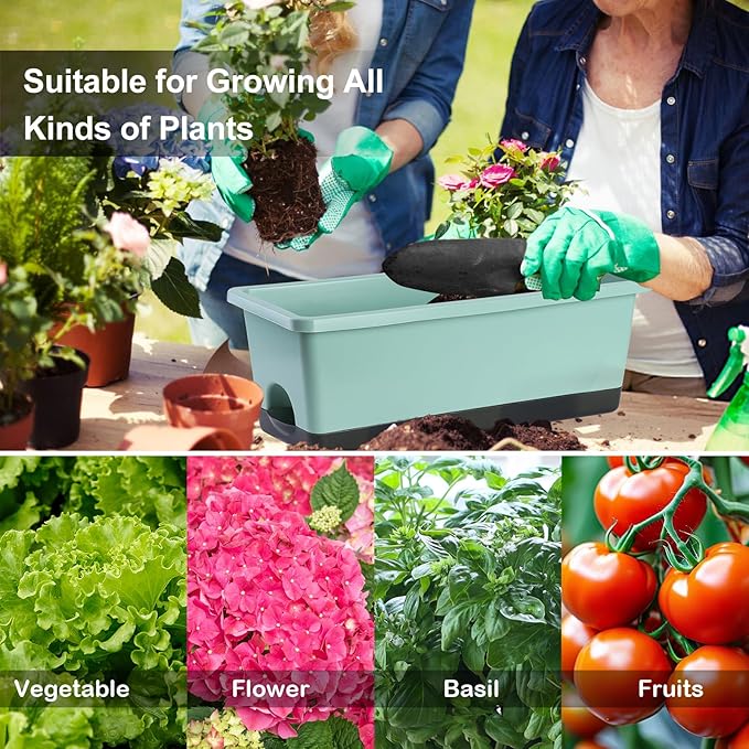 Oliz Window Box Planter 8 Pcs, 17 Inches Rectangle Flower Pots with Drainage Holes & Trays, Vegetable Planters for Windowsill Patio Garden Balcony Home Indoor Outdoor (Green, 16 * 7 * 6 inch)