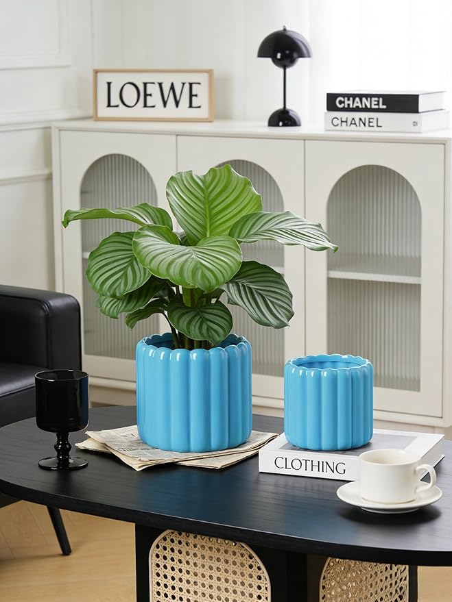 Ceramic Plant Pots,6 inch+4.7 Inch Planter Pot with Drainage Holes,Ceramic Planters for Indoor Plants,Modern Flower Pots for Indoor Outdoor Plants House & Office Décor,Blue