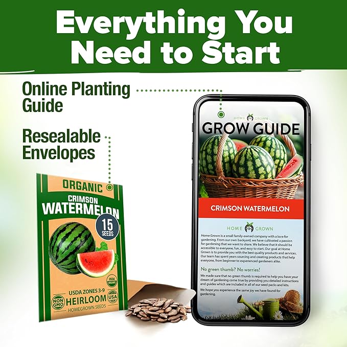 HOME GROWN Organic Crimson Sweet Watermelon Seeds 15+ Heirloom Non-GMO, High Germination, Honey Sweet Summer Fruit, Striped Skin, Home Garden & Raised Beds, High Sugar Content (Citrullus lanatus)