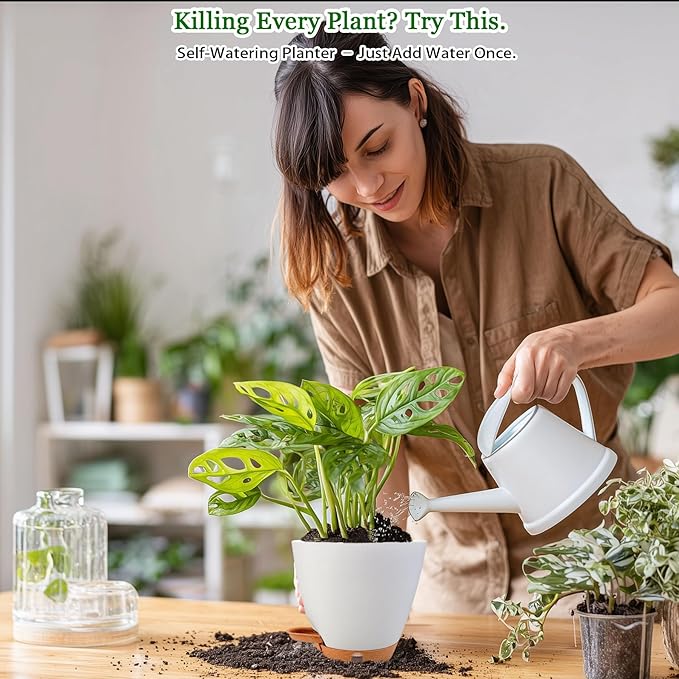 Self Watering Pots for Inoor Ourdoor Plants 8/7/6.5/6/5 Inch Plastic Planters with Drainage Holes & Water Level Indicator, Decorative House Flower Nursery Planting Pots with Saucers (White)