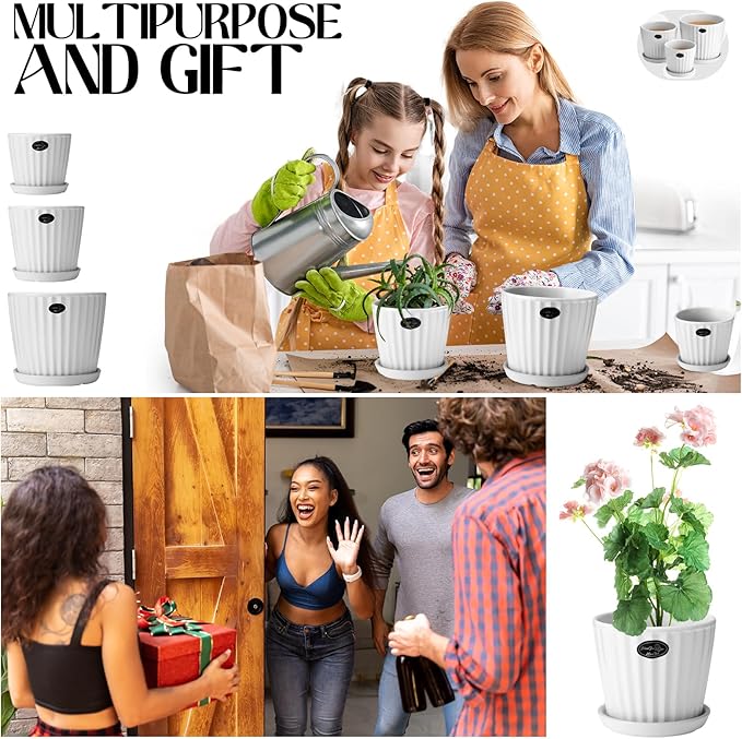 3 Pcs Ceramic Plant Pots 7.3/6/4.7 Inch Ceramic Flower Pot with Drainage Hole and Saucer Decorative Planter Indoor Outdoor for Gardening Home Desktop Office Windowsill Decoration Gift(White)
