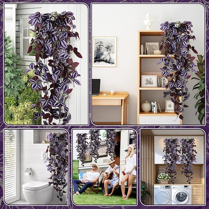 2-Pack Fake Hanging Plants, Faux Hanging Plant Artificial Greenery for Living Room Bedroom Boho Wall Shelf Indoor Outdoor Decor (Purple-Eyed Hairy Leaf)
