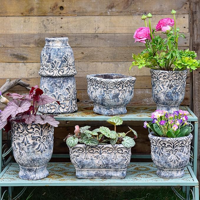 Sungmor 6.5 Inch Cement Plant Pot for Plants, Succulent Planter with Embossed Design, Vintage Concrete Flowerpots with Drainage Hole, Decorative Orchid Houseplant Pot Indoor Outdoor Plant Container