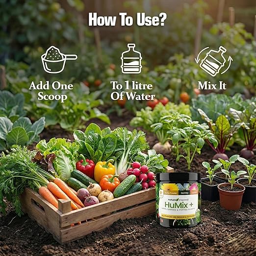 HuMix+ Humic Powder with Turmeric & Seaweed Extract – Natural Soil Conditioner & Root Booster for Lawns, Vegetables, Flowers & Houseplants – Garden Plant Food