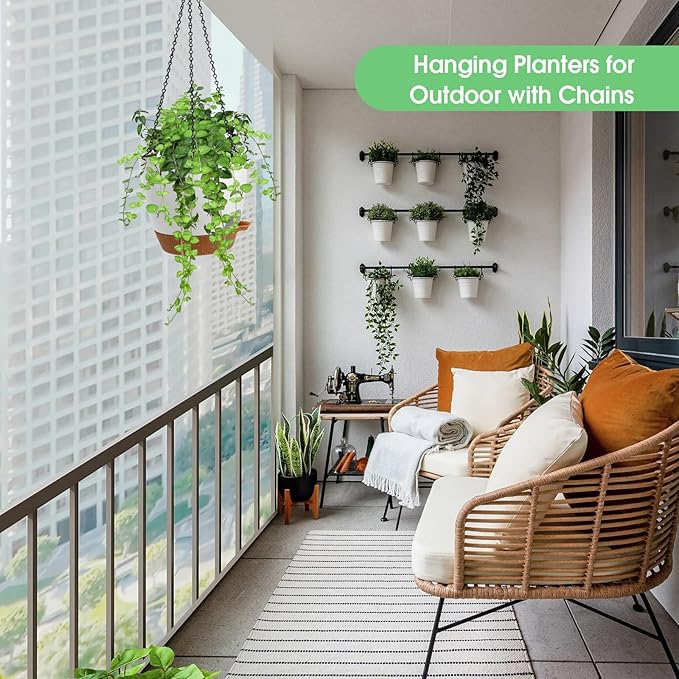 Vanslogreen Hanging Planters for Indoor Outdoor Plants, 2 Pack Self Watering Hanging Pots, Hanging Plant Baskets with Drainage Holes & 2 Types of Plant Hangers (Green, 6'')