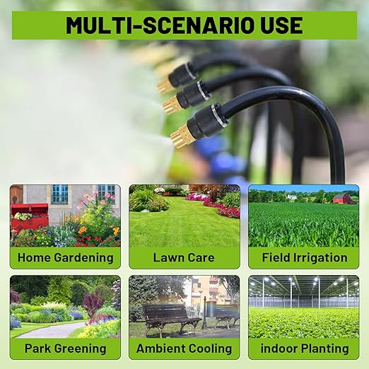 Drip Irrigation Kit - 100 FT. Hose Sprinkler System with 360° nozzles and T-connectors for Gardens, lawns, Plants, Flower beds, Trees, patios and hydroponics (Closeable nozzle-20)