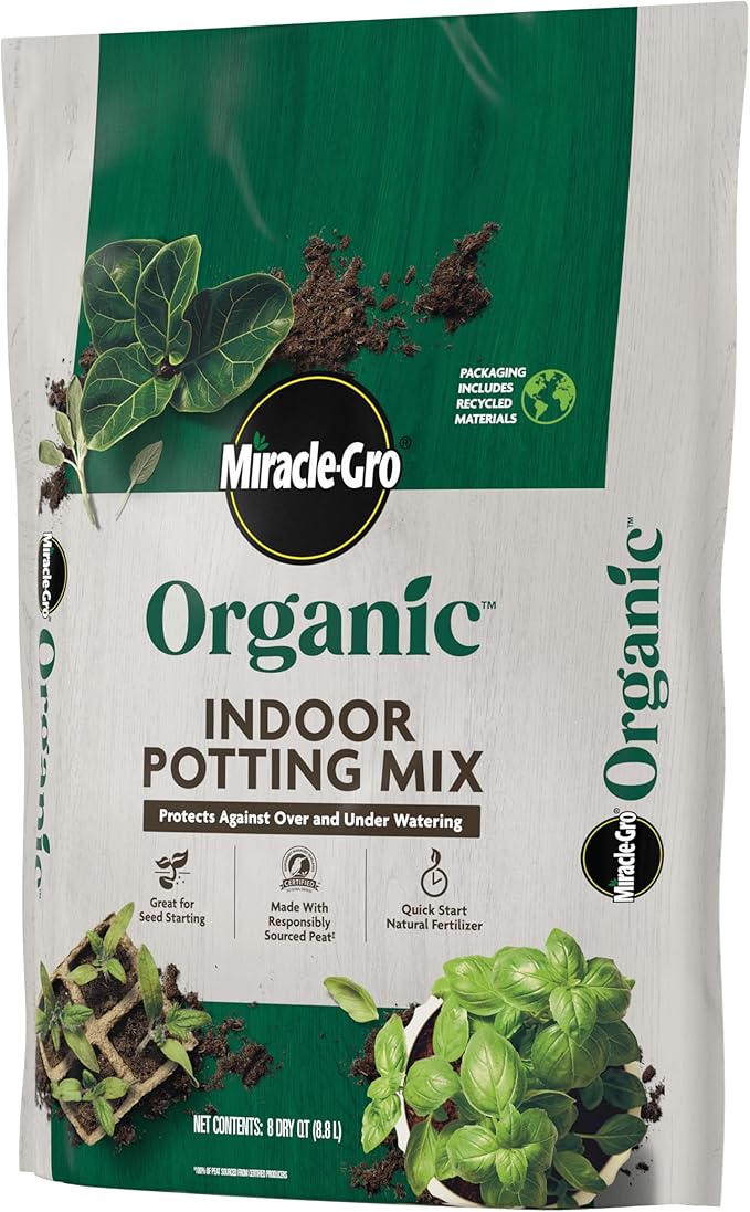 Miracle-Gro Organic Indoor Potting Mix - Protects Against Over and Under Watering, Planting Soil for Indoor Container Plants, Houseplants and Starter Plants, OMRI Listed, 8 qt. (3-Pack)