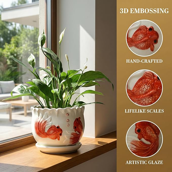 Ceramic Planter with Saucer - 3D Embossed Goldfish Design, Scalloped Edge Decorative Flower Pot for Indoor Outdoor Succulent Cactus, White Porcelain Plant Container with Drainage Hole