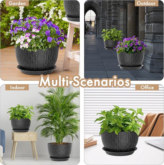 WSMKSZ 12 Inch Wide Water Ripples Flower Pots for Indoor or Outdoor Plants, Large Plant Pots with Drainage Holes & Saucer, Plastic Planters Set for Garden & Home Decor (Black with White Speckles)