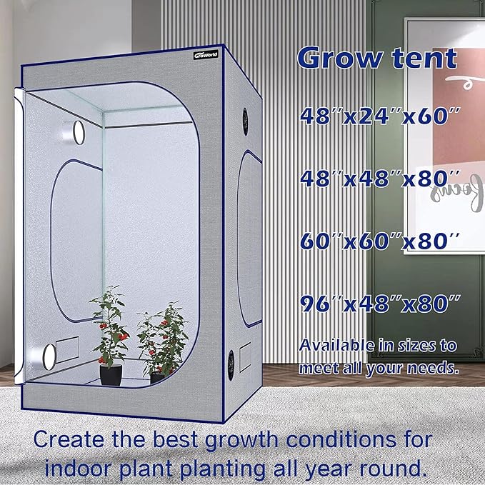 Mylar Grow Tent Kit 5x5x6.7 Ft, 600D Oxford Cloth with 19mm Metal Poles, Waterproof Removable Tray, Tool-Free Assembly for Indoor Hydroponic Plant Growing (Gray 48"x48"x80")