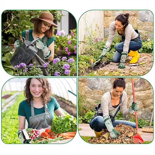 WANCHI Garden Gloves, Long Sleeve Leather Gardening Gloves for Yard and Gardening Work, Gardening Gifts for Women, Cute, Comfortable, Durable, Green Print (Small)