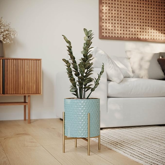 EverNest Mid-Century Modern Rhys Honeycomb Embossed Planter Pot with Loki Gold Stand, Metal Indoor Plant Pots, Blue Green Bohemian Style (Small 1 Gallon)