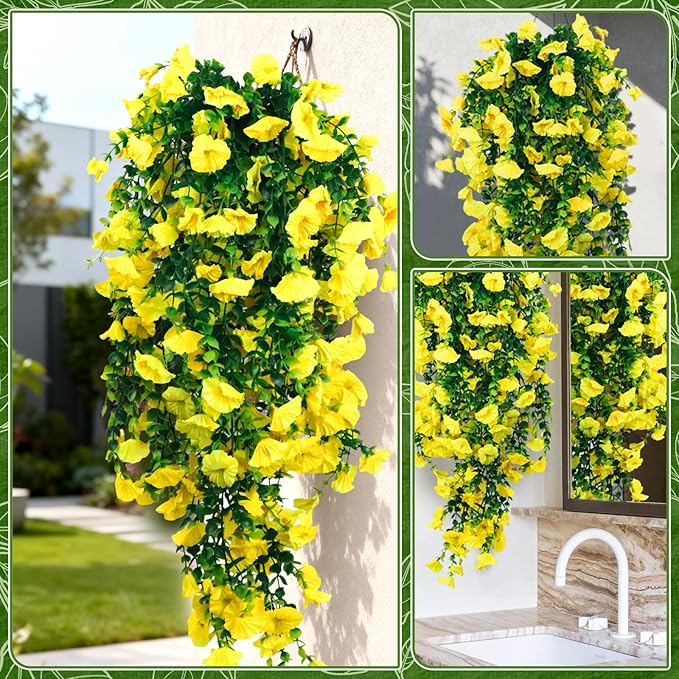 4-Pack Fake Hanging Plants, Faux Hanging Plant Artificial Greenery for Living Room Bedroom Boho Wall Shelf Indoor Outdoor Decor (Yellow Morning Glory)