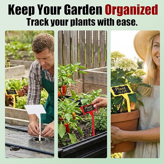 100 Pack Large 11.8" Plant Labels for Outdoor Garden Waterproof, T-Type Garden Label Stakes & Plant Tags with Black Stickers & Gold Pen, Tall Plant Markers for Outdoor Plants, Vegetables
