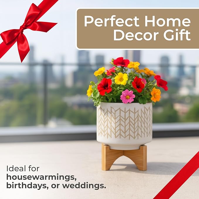 Ceramic Planter with Bamboo Wood Stand – Modern Stoneware Plant Pot with Geometric Chevron Pattern – Decorative Indoor & Outdoor Flower Holder for Living Room, Patio, or Garden Home Decor – 9" Beige