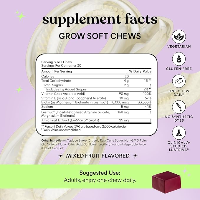 Lemme Grow Hair Growth Booster Soft Chews w/Vitamins for Women and Men with Clinically Studied Lustriva and Biotin, Promotes Thicker, Fuller, Stronger Hair, Mixed Berry, 30 Day Supply