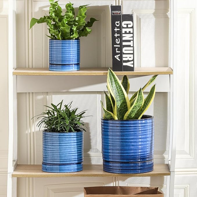 HASENSE 3 Piece Ceramic Plant Pots, 8/6/4.6 Inch, Indoor Pot for Plants with Drainage Holes and Saucer, Modern Flower Planter for Home Office, Blue