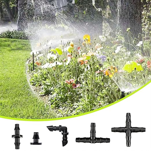 Dianrui 220 PCS Drip Irrigation Kit, Drip Irrigation Parts 1/4'' Tubing Fittings Kit for Garden Lawn Flower Sprinkler Systems-End Plug/ 4-Way Connector/Single barbs/Straight Barbs/Oblique Barbed Tees