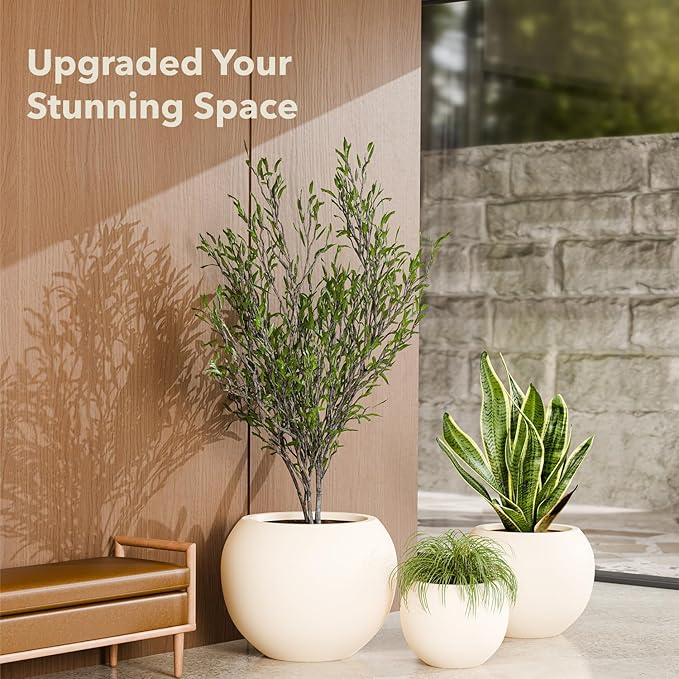 KUTE NEST 9.7" H x 12" D Premium Globo Fiberstone Round Planter with Drainage Hole, Weather Resistant for Indoor and Outdoor Use, Included 2 Extra Coco Mats (Kilim Beige, 7.8" Pot Opening)