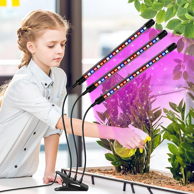 SDOVUERC Tri-Head Clip Grow Light for Indoor Plants, Full Spectrum with 6/12/18H Timer, 5 Dimmable Levels, 3 Spectrum Modes & 360ยฐ Gooseneck for Seedlings, Houseplants, Succulents