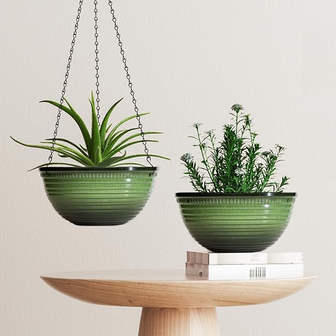 Vanslogreen 12 inch Hanging Planters for Indoor Outdoor Plants, 2 Pack Large Hanging Flower Pots with Drainage Holes and Chain, Glazed Hanging Baskets for Home Garden Decoration, Green