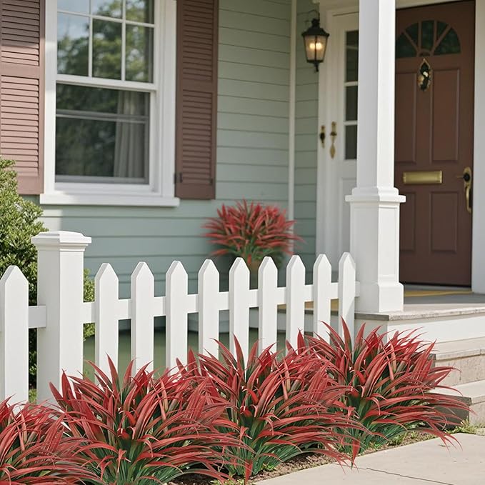 Ouddy Decor 20 Pcs Fake Outdoor Plants Artificial Grass Greenery Stems Faux Plastic Plants UV Resistant for Spring Summer Indoor Outside Garden Hanging Planter Porch Patio Window Box Home Decor, Red 
