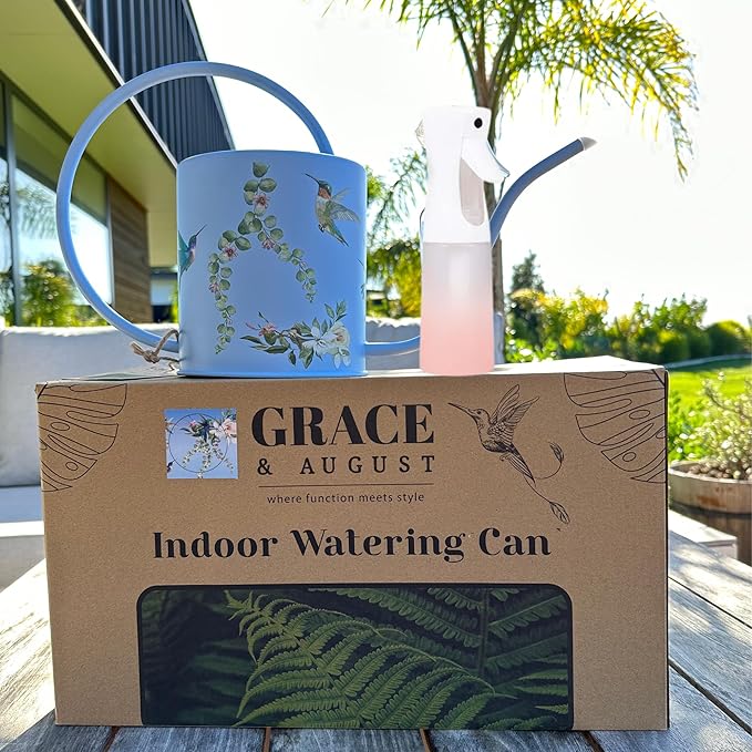 Watering Can for Indoor House Plants & Spray Water Mist Bottle - Cute Decorative Metal Gardening Small Water Can for Houseplants & Flowers with Long Spout - 1.5L 51floz 0.4 Gallon (Hummingbird Blue)