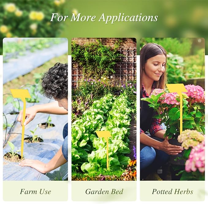 202 Pcs Large Plant Labels Kit, Include 100 Outdoor Plastic Plant T Type Tags Waterproof Reusable Plant Markers Stakes, 100 PET Films and 2 Marker Pens for Garden Herbs Flowers Pot (Yellow, 11.8 Inch)
